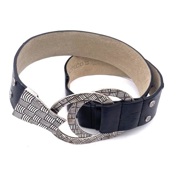 Chico's Women Textured Silver Tone Round Buckle Clasp Belt Black Small Medium - Picture 2 of 7